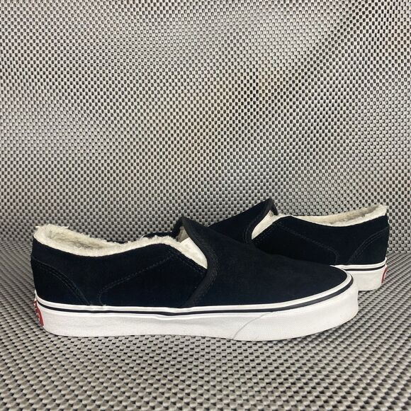 Vans Asher Slip On Shoes Womens Size 7 Black Suede Sherpa Lined Casual - Picture 3 of 14